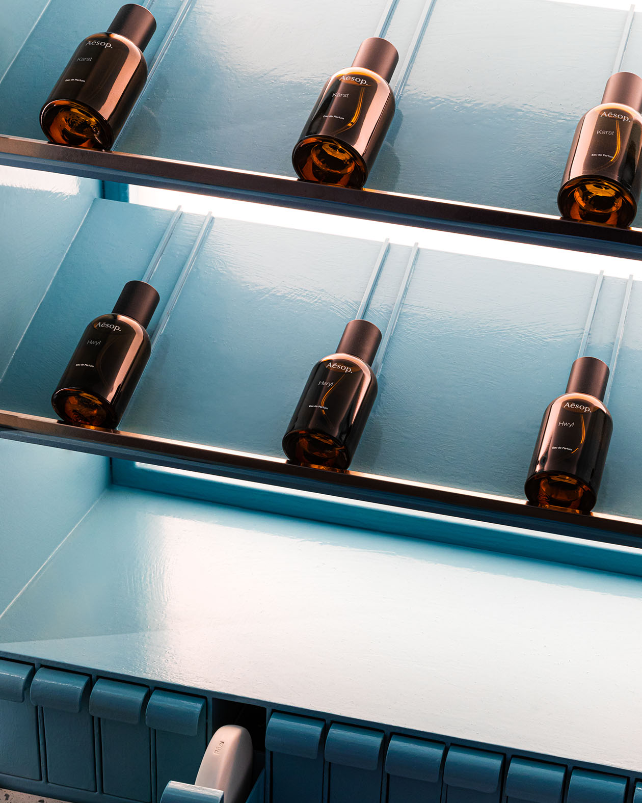 Aesop frangrance on the blue shelves 