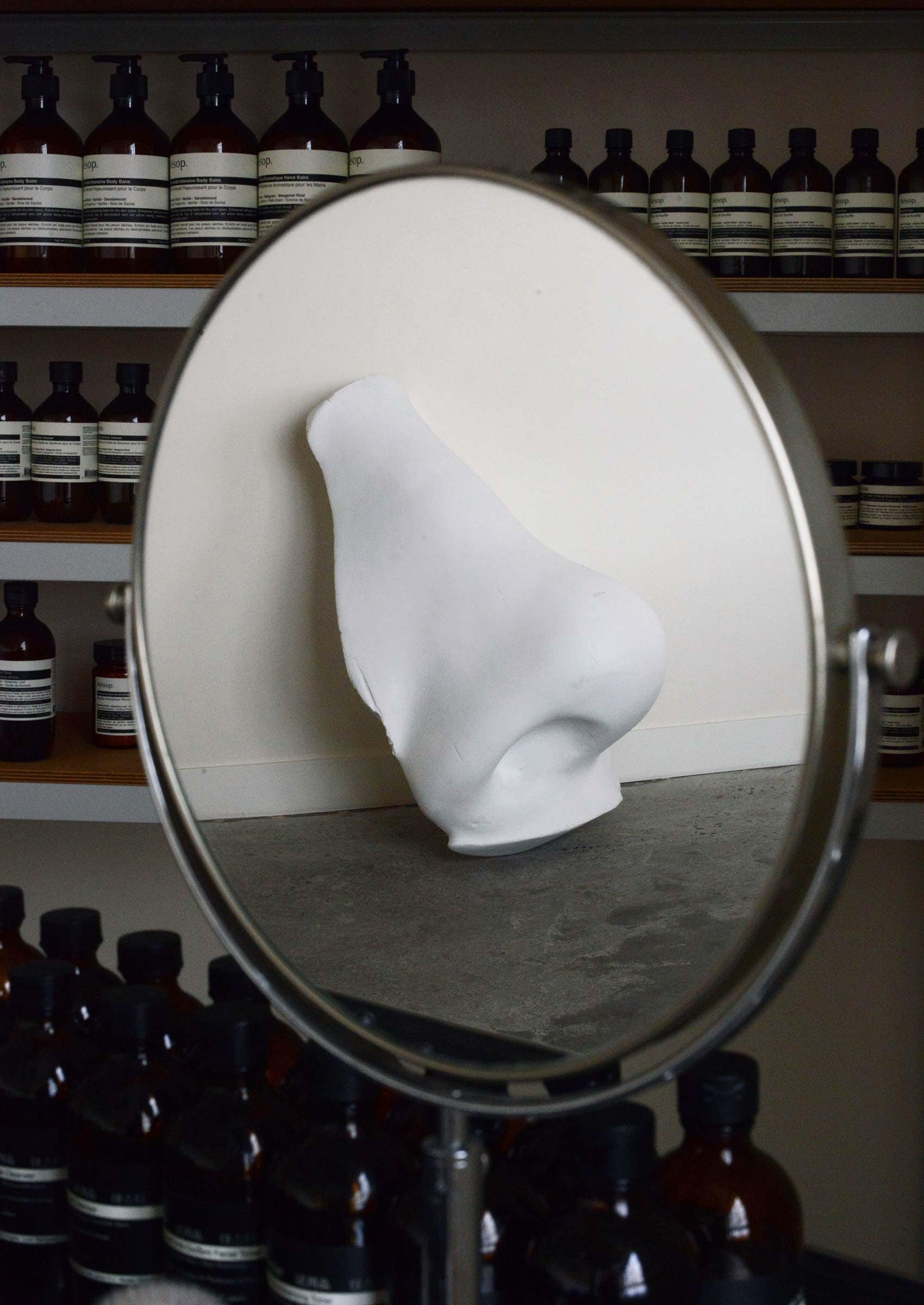 Mirror with reflection of large plaster nose.