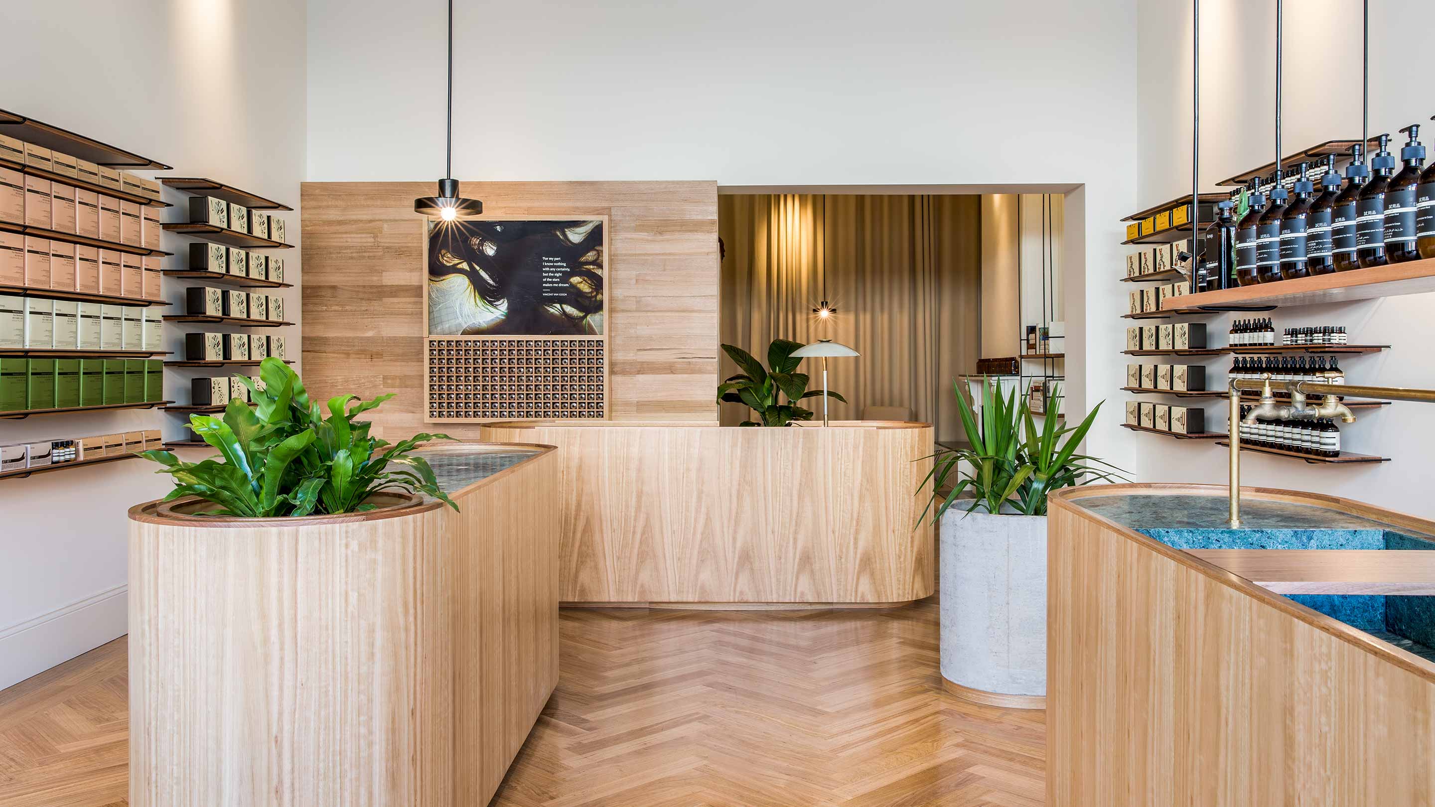 Store interior showing the bright, wooden store detailing. 