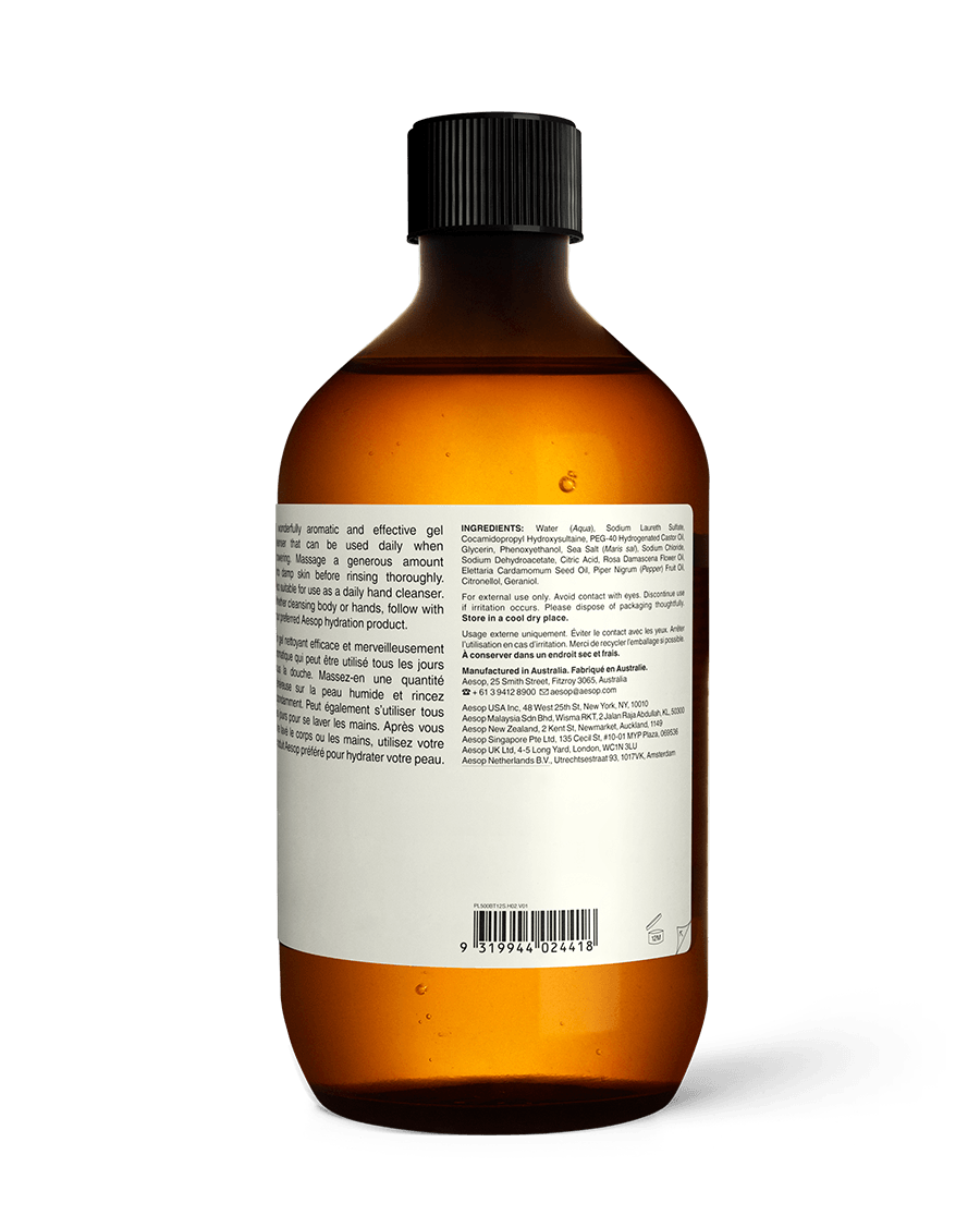 Back of A Rose By Any Other Name Body Cleanser 500mL refill amber bottle with screw cap