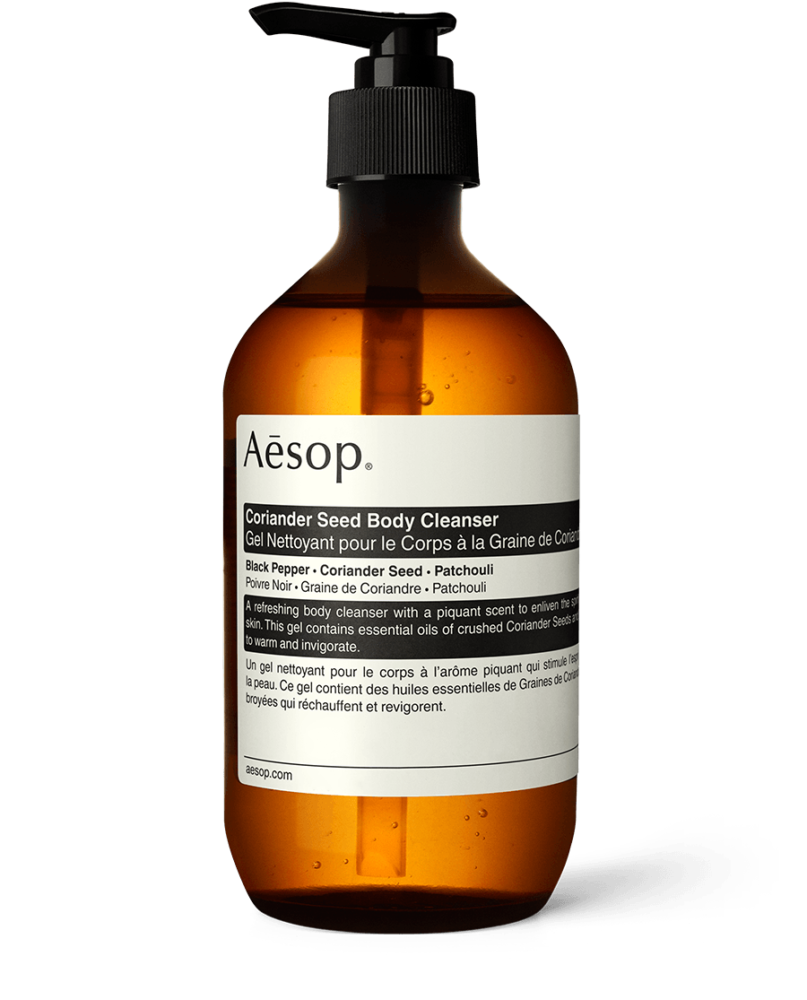 Aesop Coriander Seed Body Cleanser 500ml in amber bottle with pump 