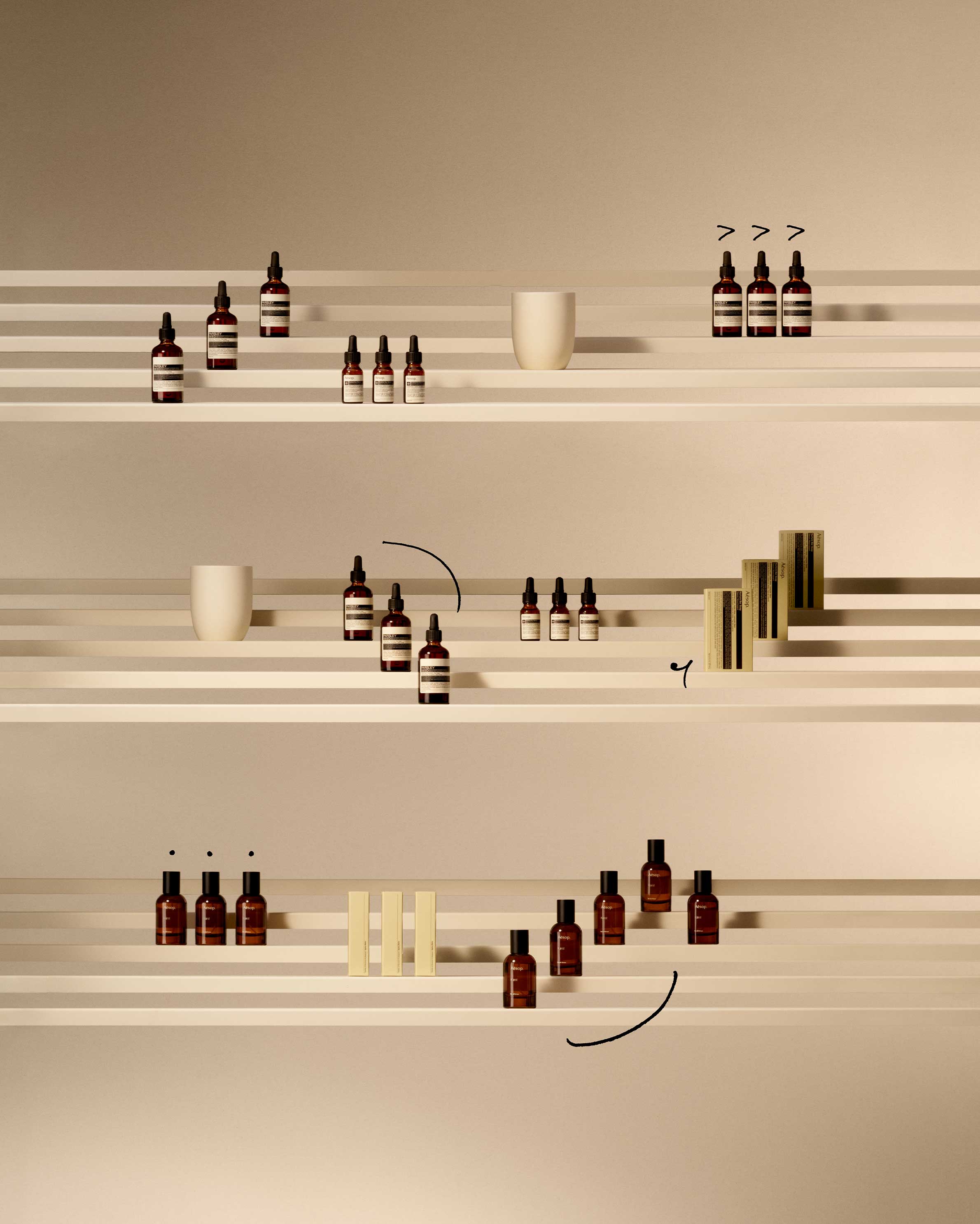 An assortment of Aesop products in a beige background