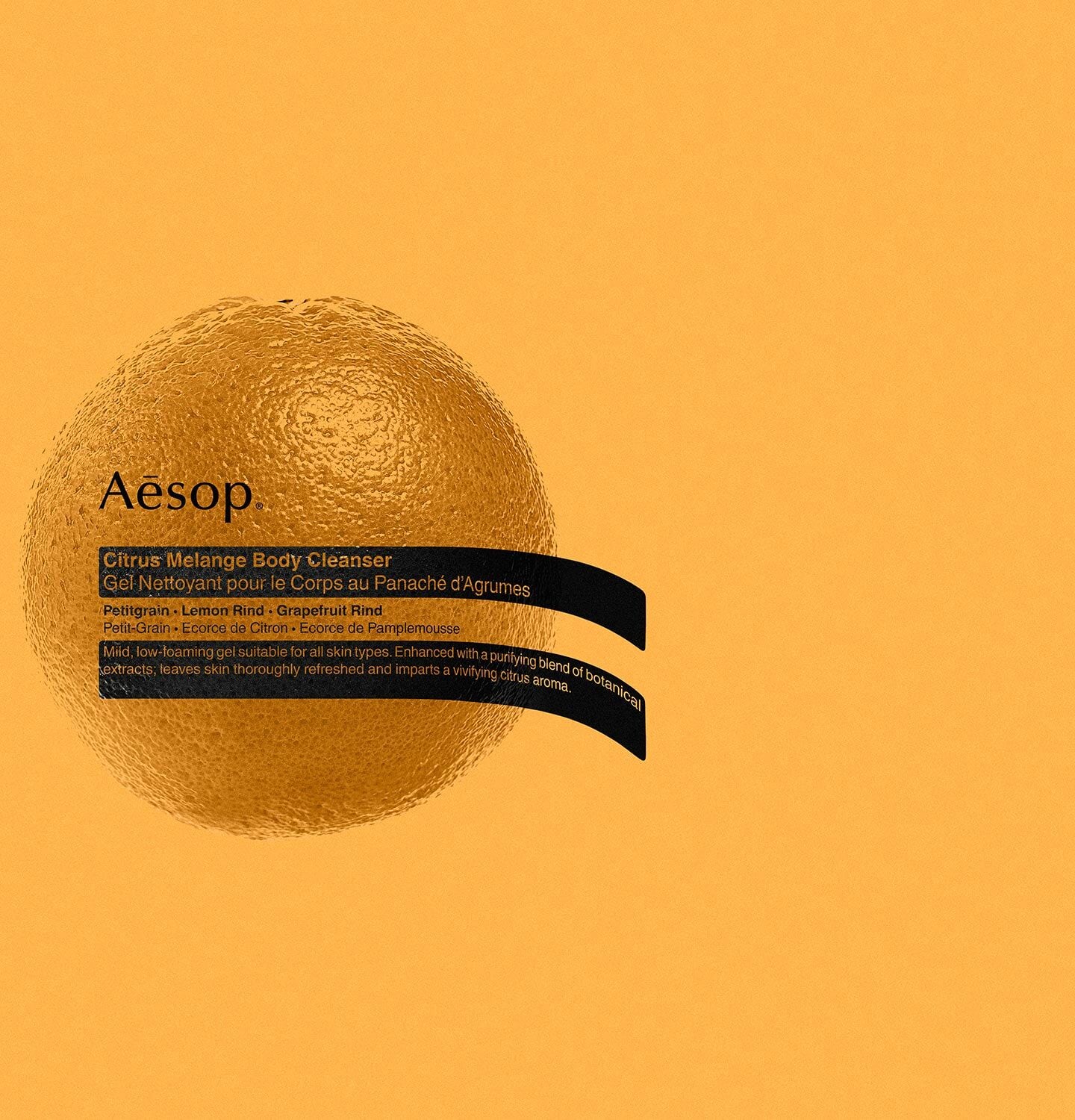 Picture of orange fruit on orange background with aesop label over it