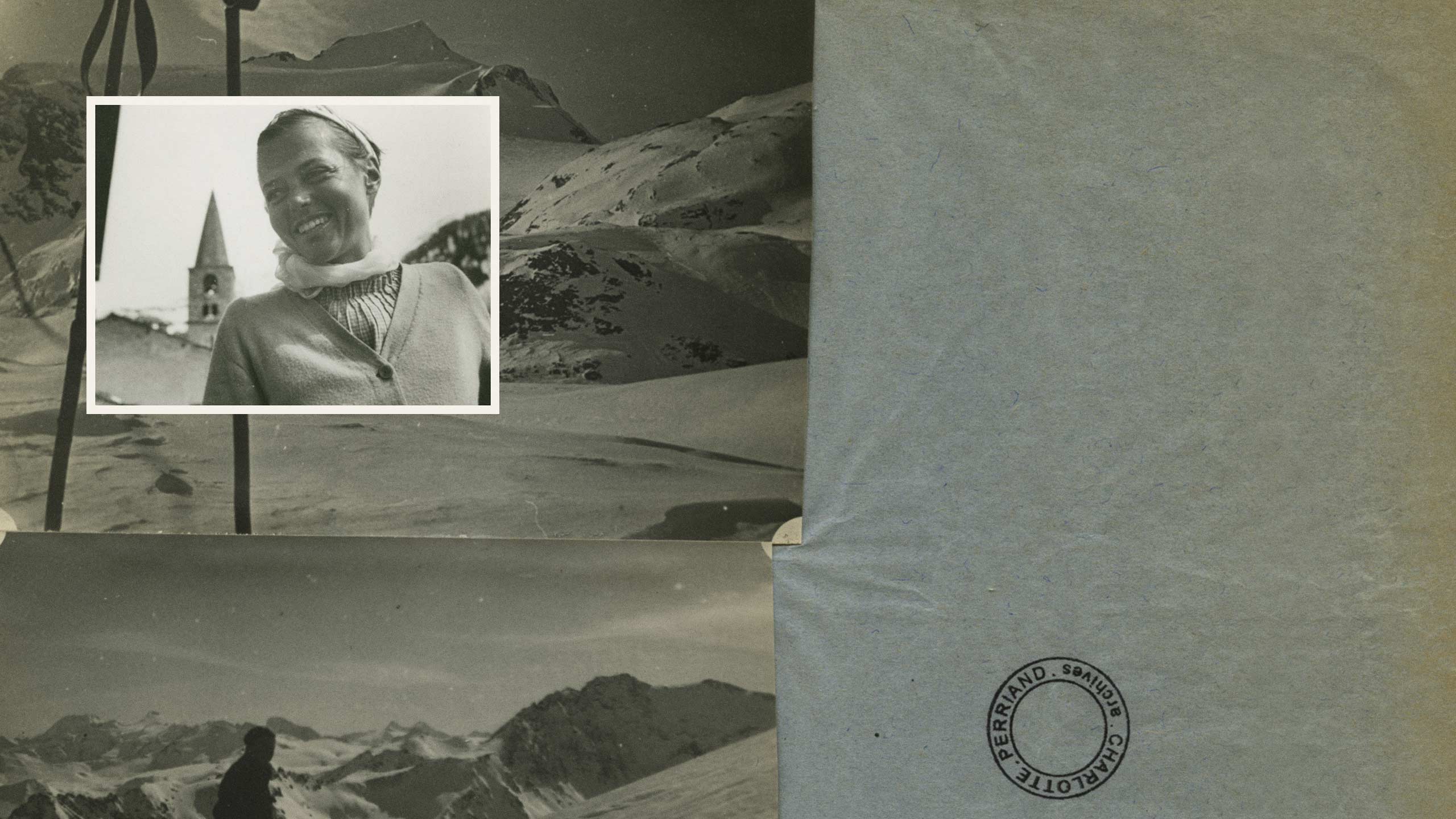 Scrap book photographs of Charlotte Perriand and icy mountains.