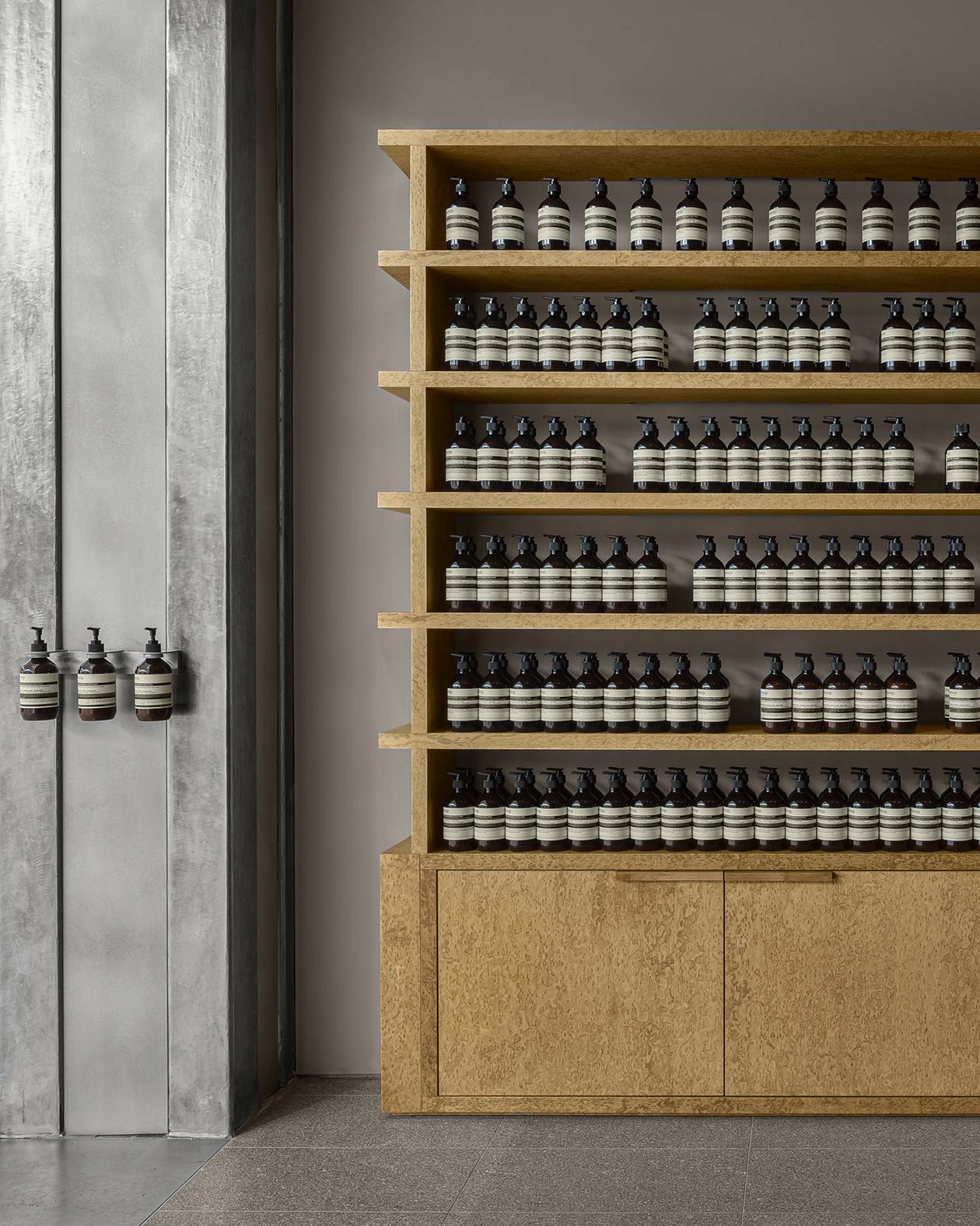 Aesop Yorkdale store interior, featuring products on wooden shelves