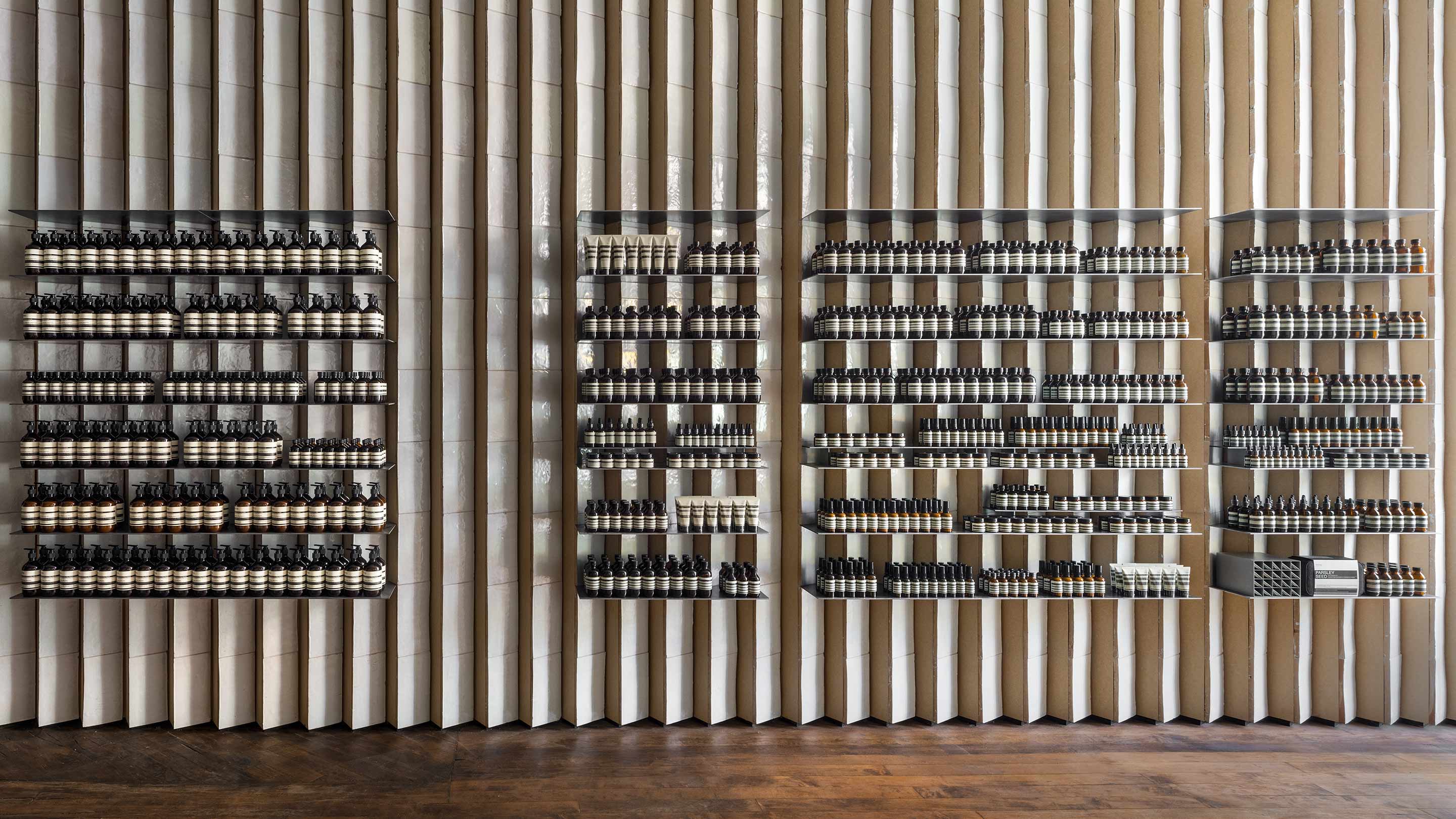 Aesop Williamsberg store interior,  product on shelving