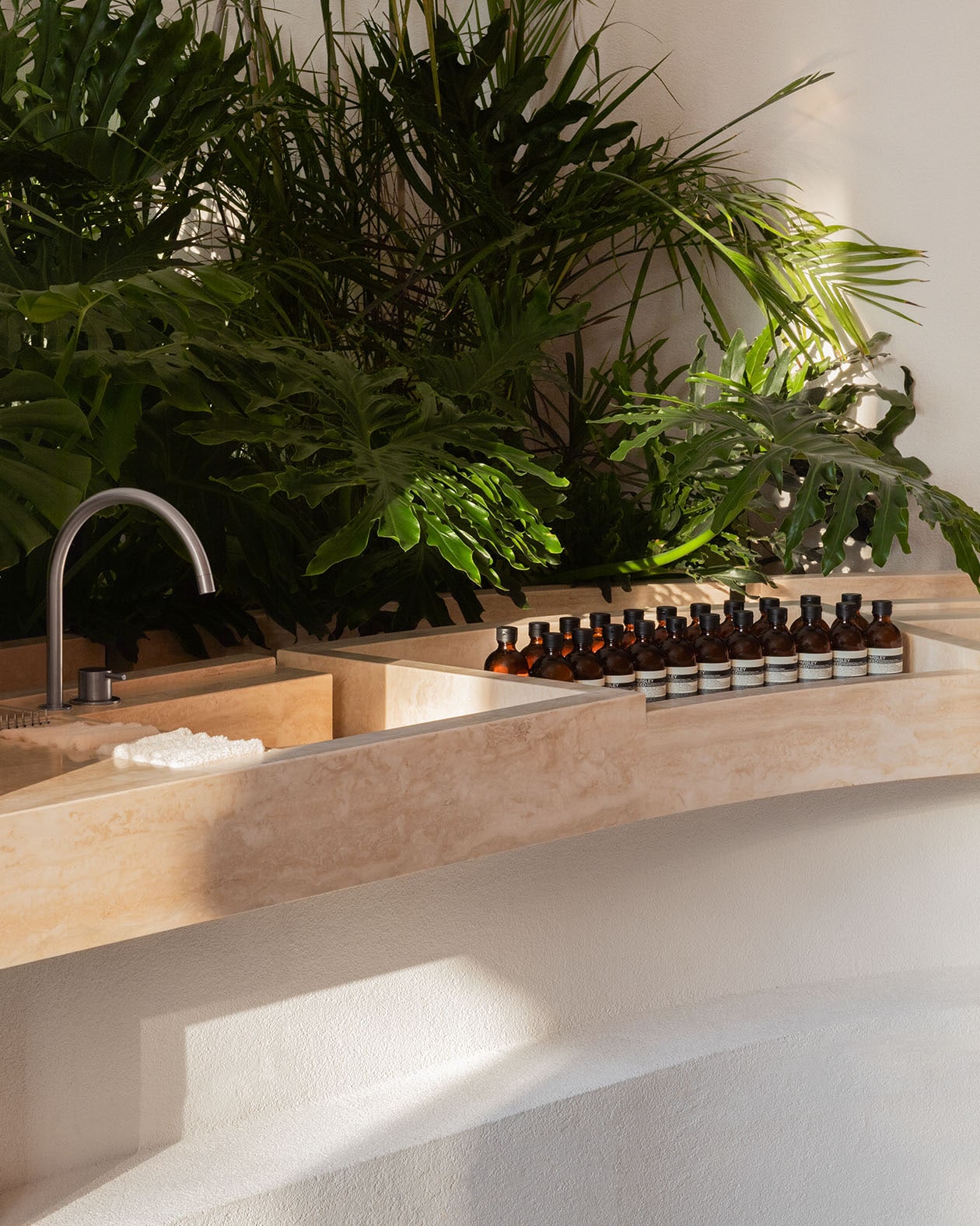 basin with products in brown glass bottles to the right of the basin, with large indoor plants behind the counter