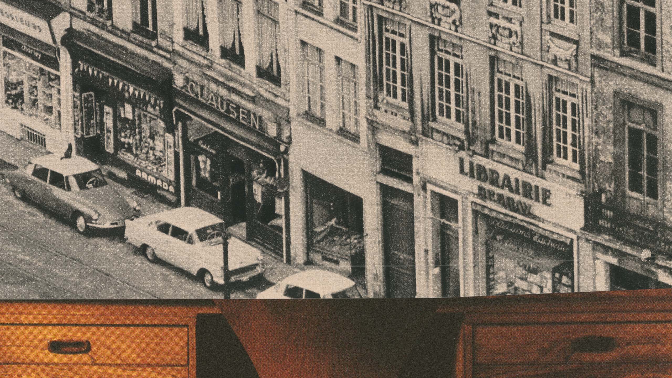 Photograph collage of cars lined up on a street and a set of drawers