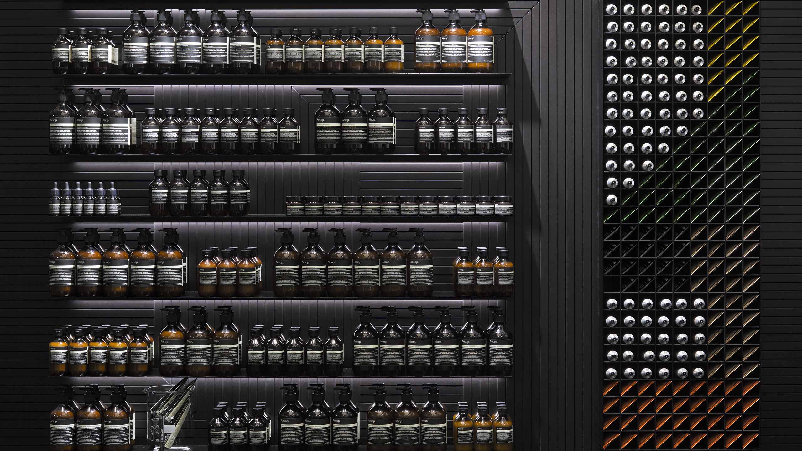 Aesop Karlspassage shelving detail with products