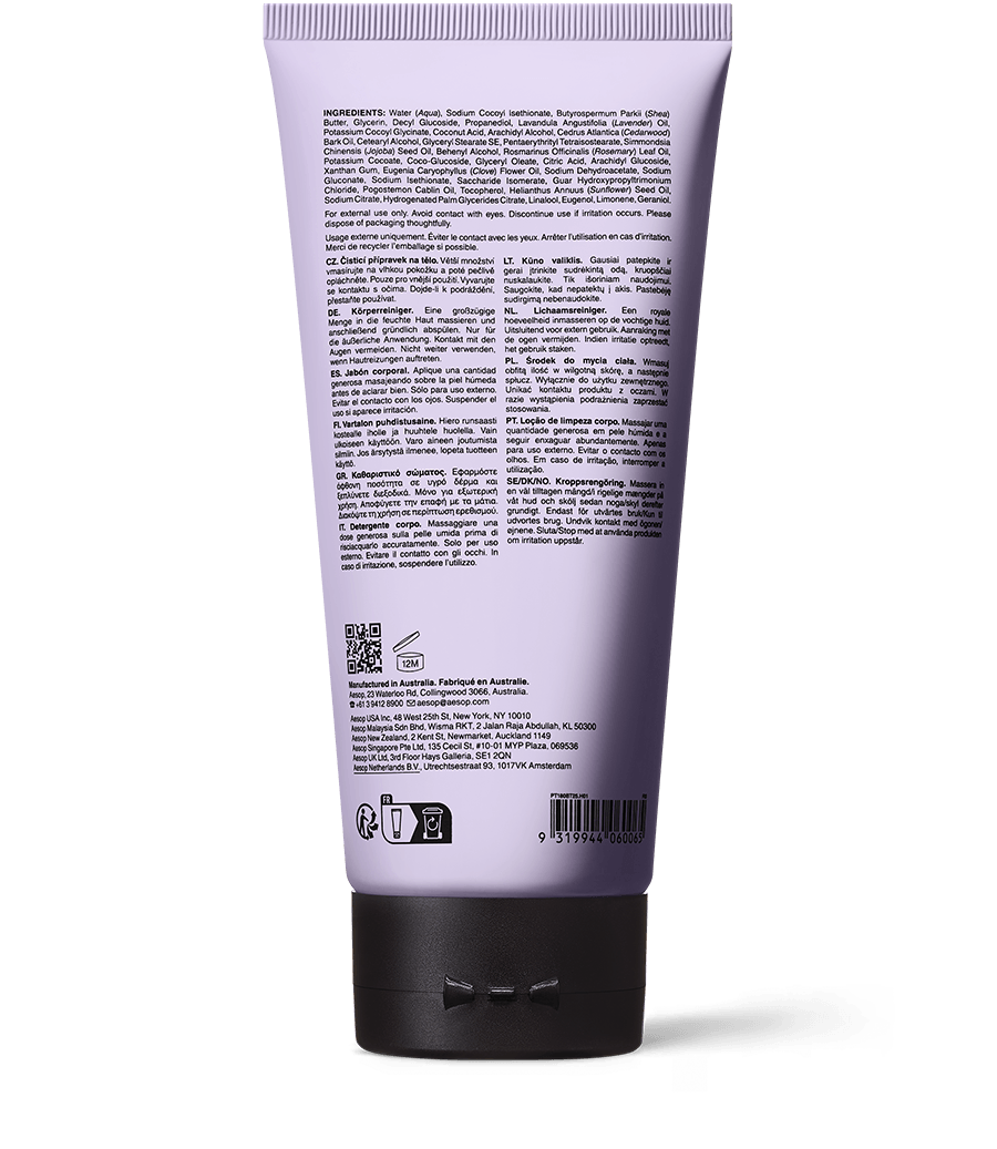 Back of Eleos Nourishing Body Cleanser in a purple tube 