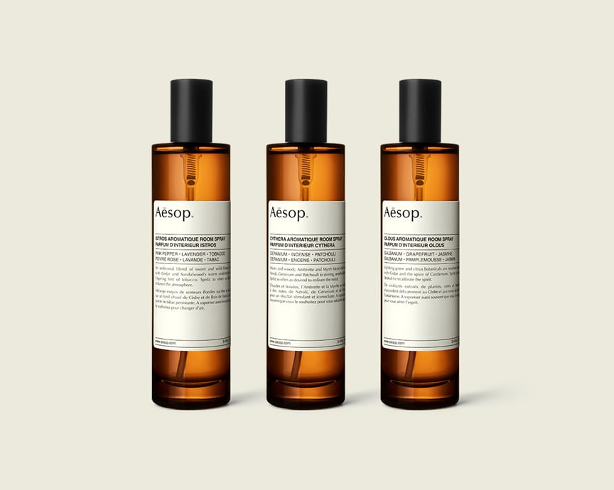 Istros, Cythera and Olous Aromatique Room Sprays in amber glass bottles 