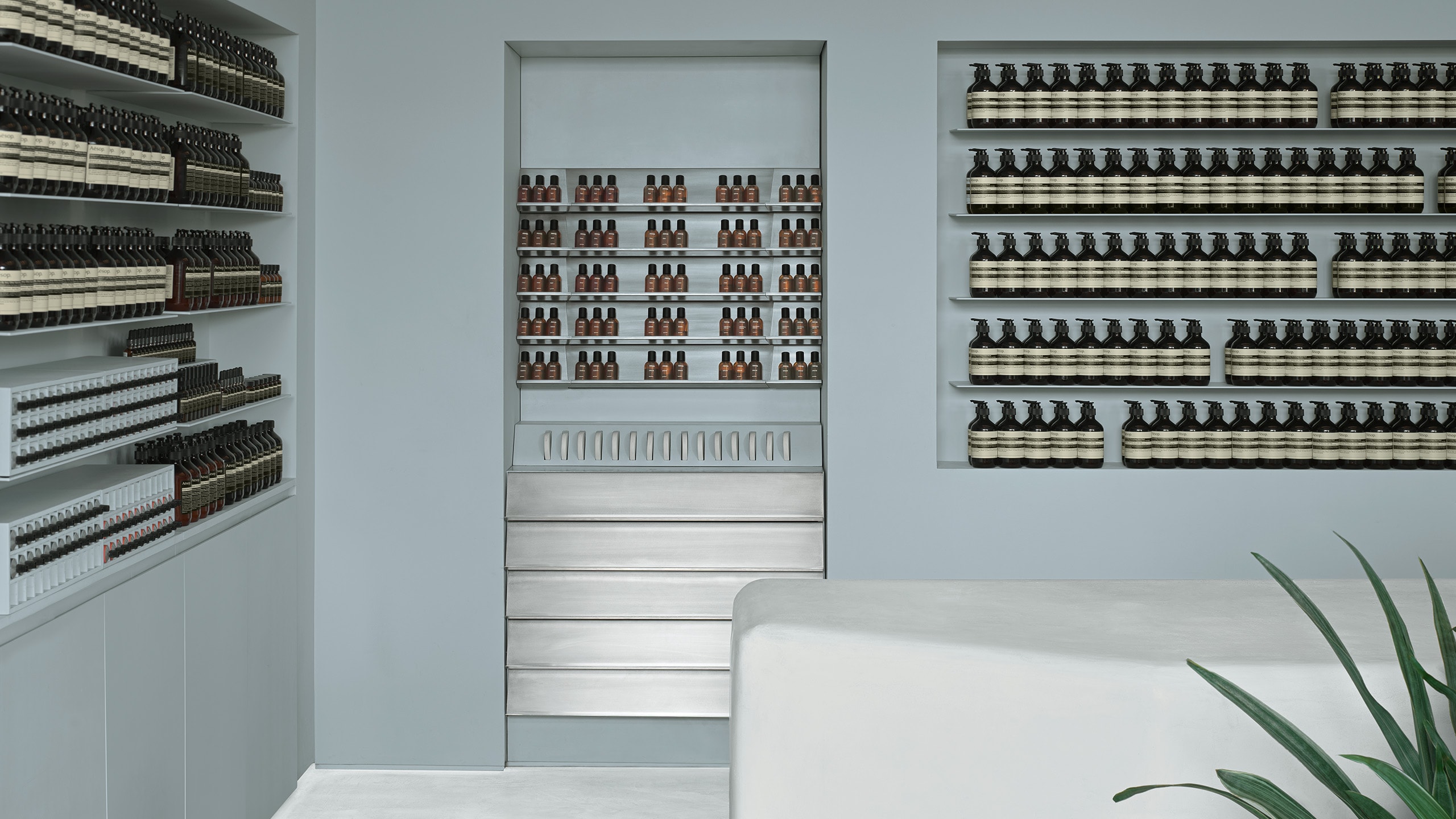 blue-grey store interior wall lined with product on shelves