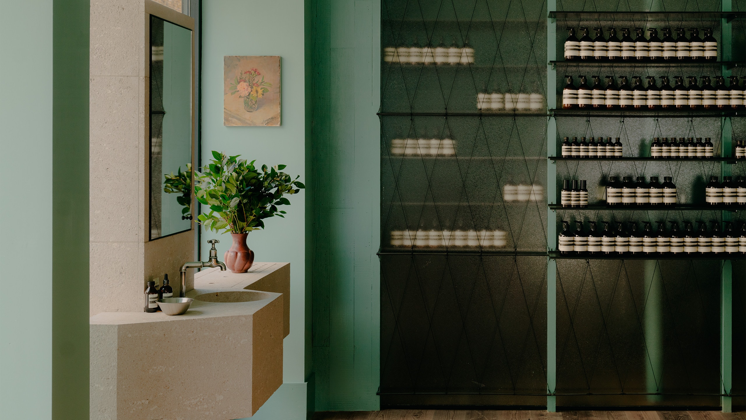 Aesop Richmond store interior second basin, plant and product display.