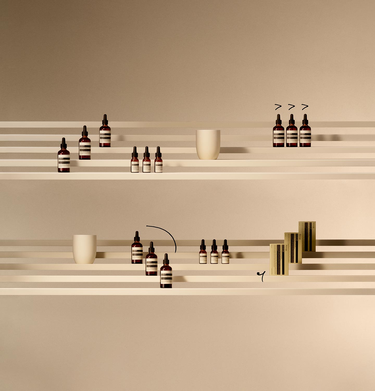 Aesop products and music notes placed on white stairs in beige background 