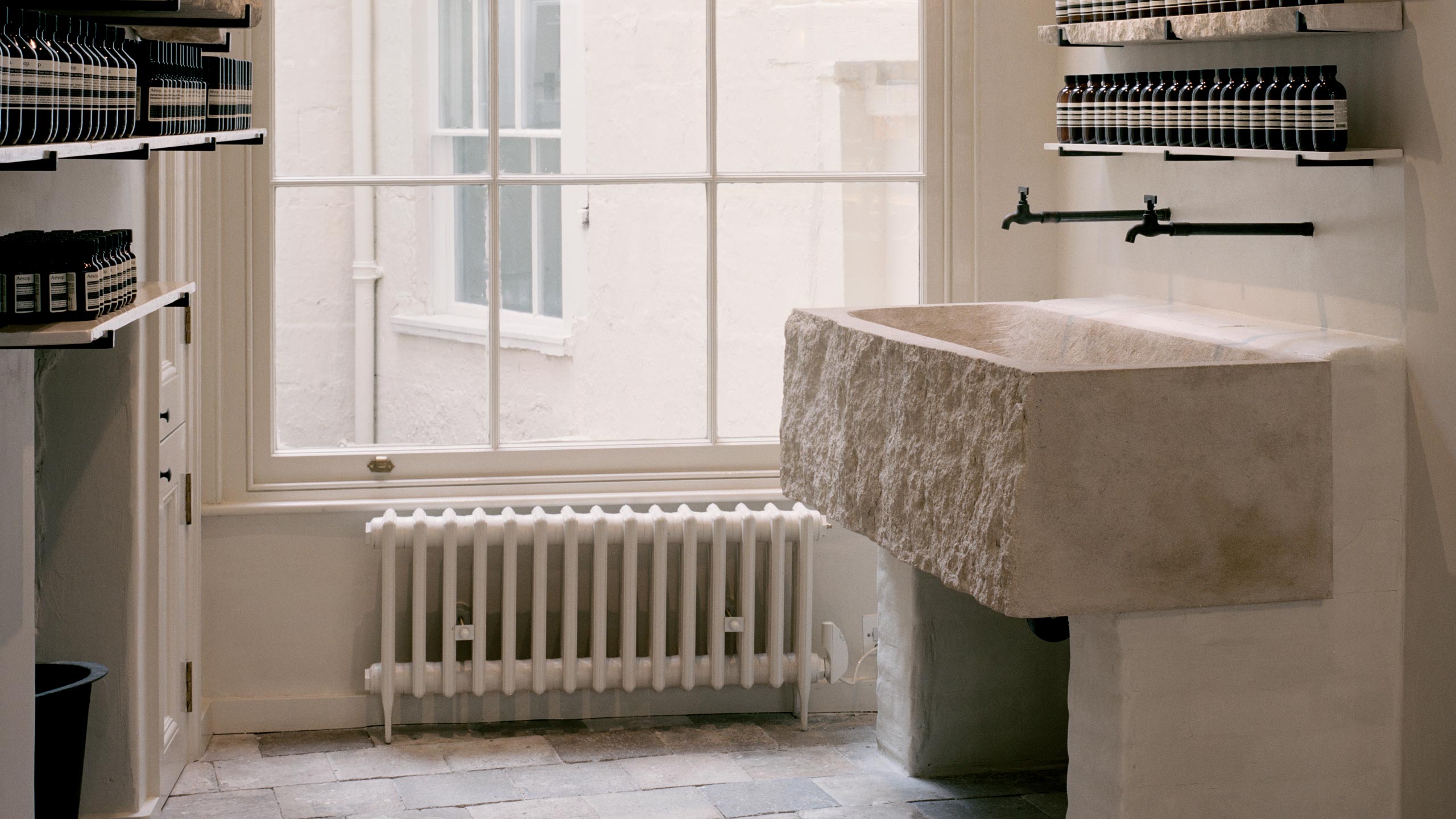 Aesop Bath Signature Store interior. Featuring large rectangular sink