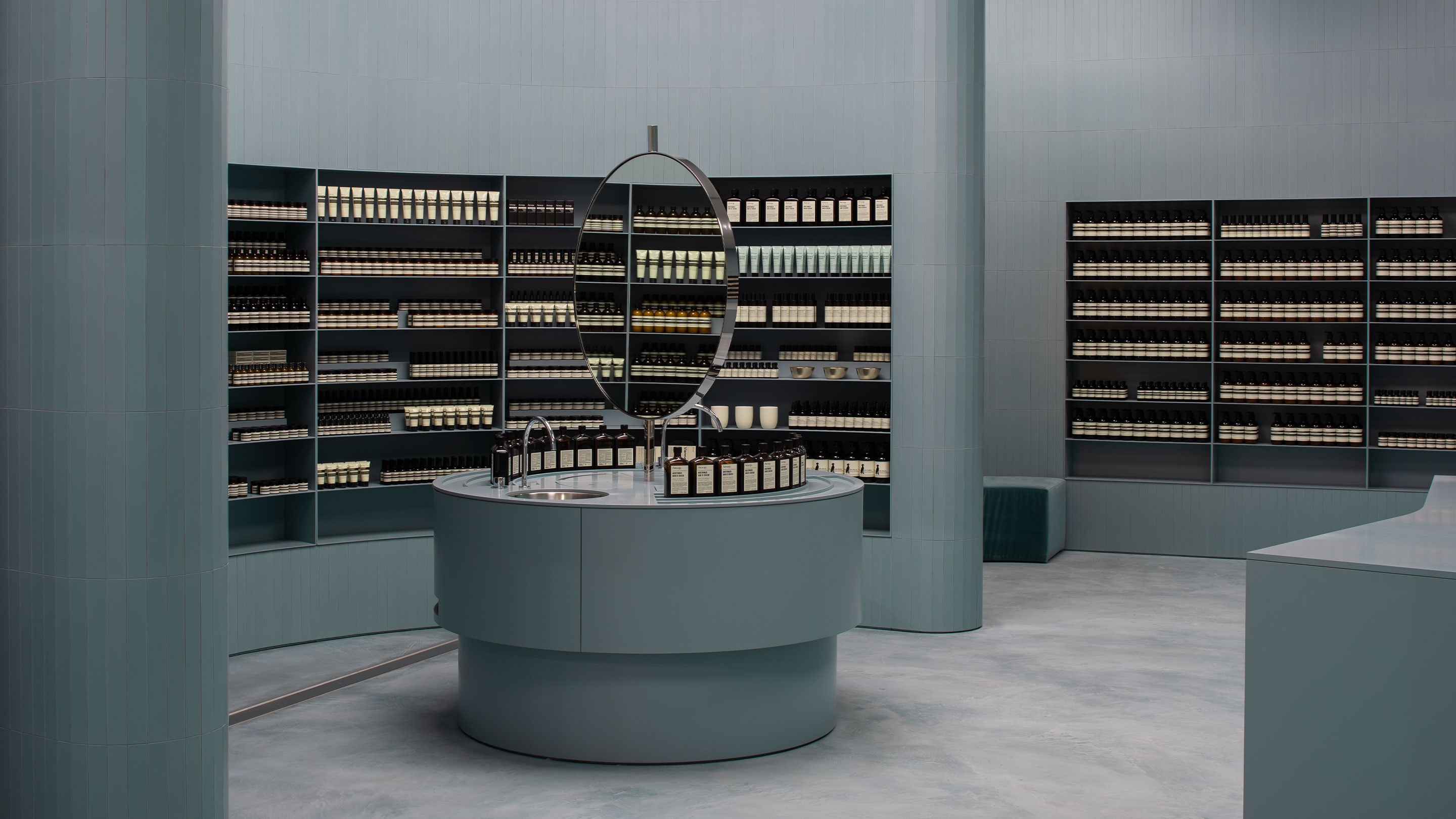 Aesop Karrinyup store interior, featuring a circular, standalone basin area.