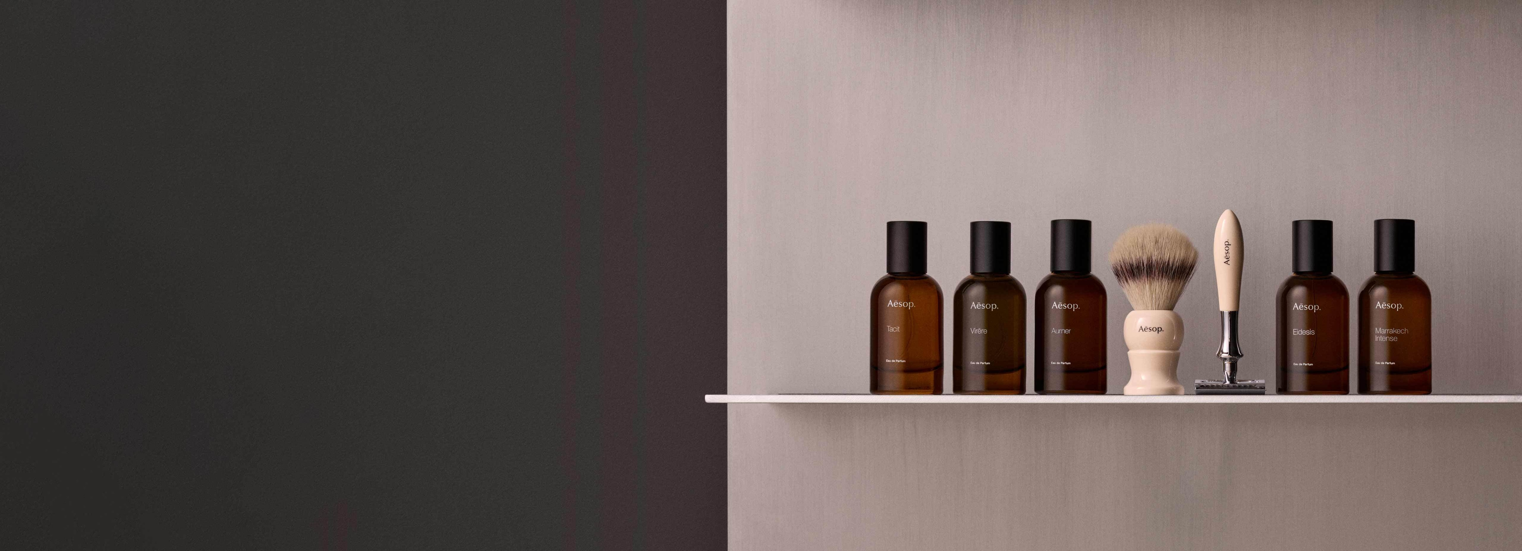 A selection of Aesop products bundles placed on top of plinths.