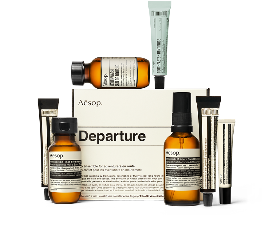Aesop Departure Kit. Featuring 7 travel sized products.