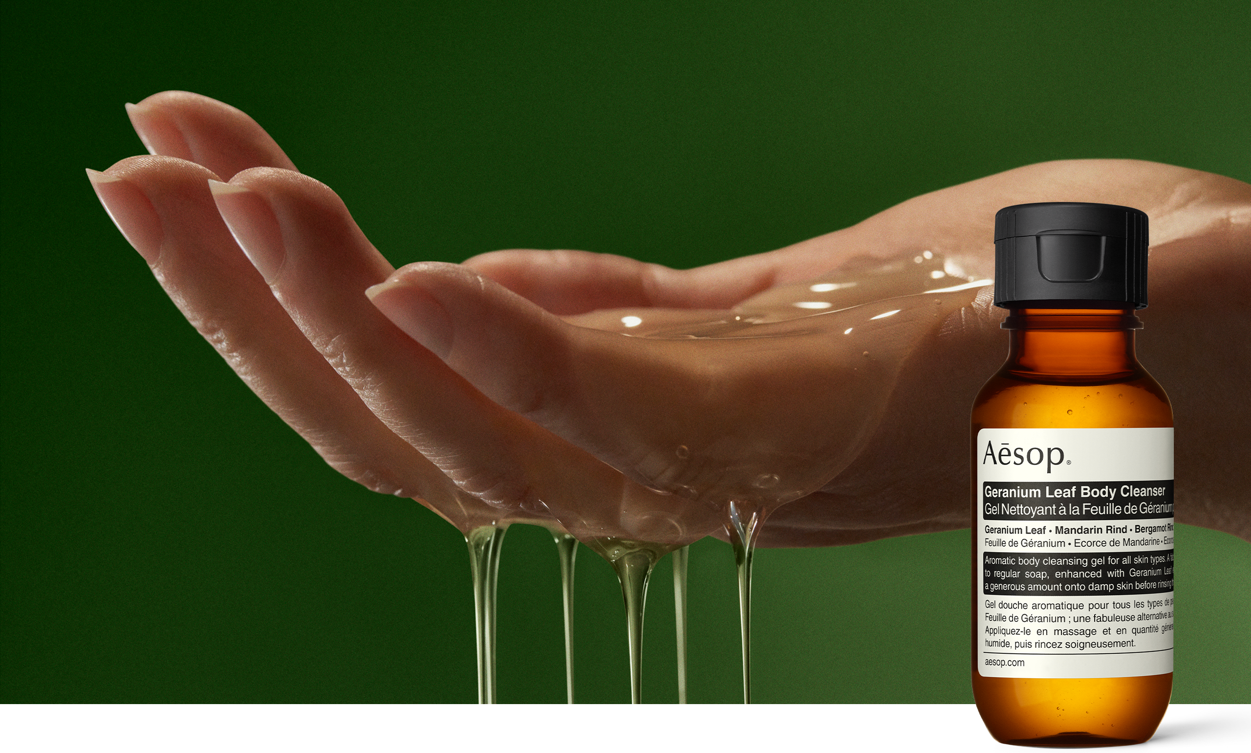 A hand demonstrating Geranium Leaf Body Cleanser texture